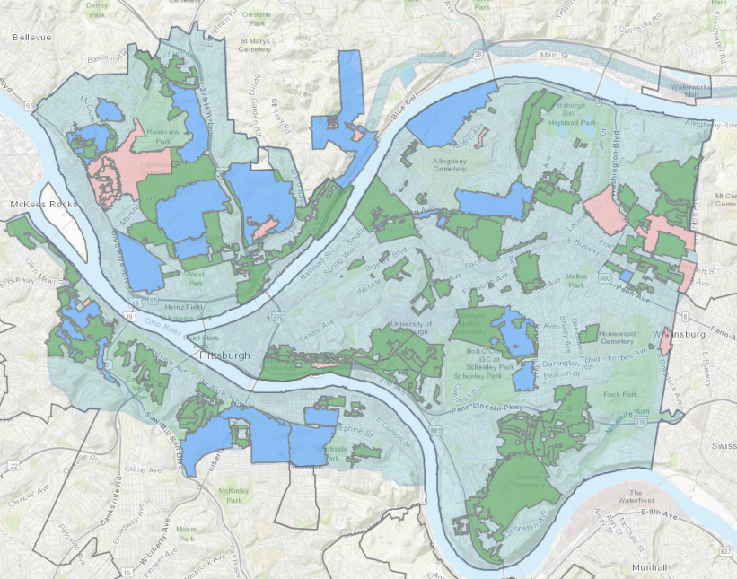 PWSA's lead service line replacement map. Green areas indicate completed work, blue areas indicate planned future work, and red areas indicate active work.