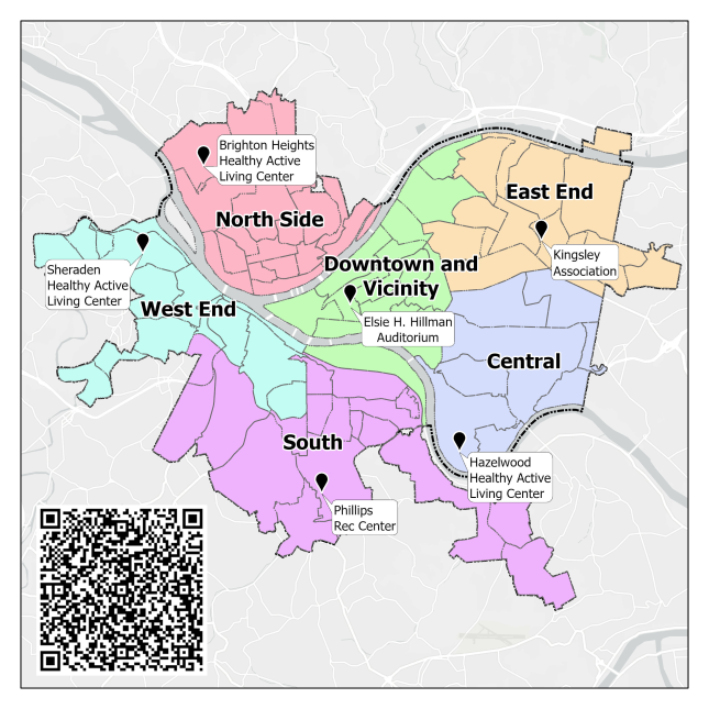 Map showing locations of the six Stormwater Conversations with QR Code for registration
