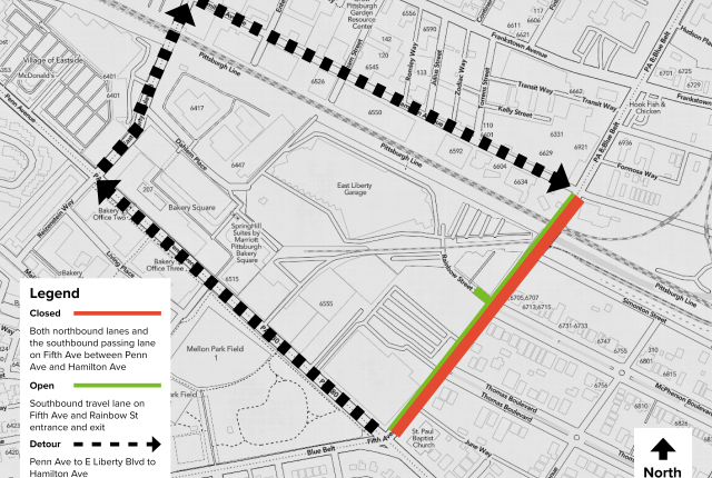Map of lane closures on Fifth Avenue and a detour route on Penn Avenue, East Liberty Avenue, and Hamilton Avenue. 
